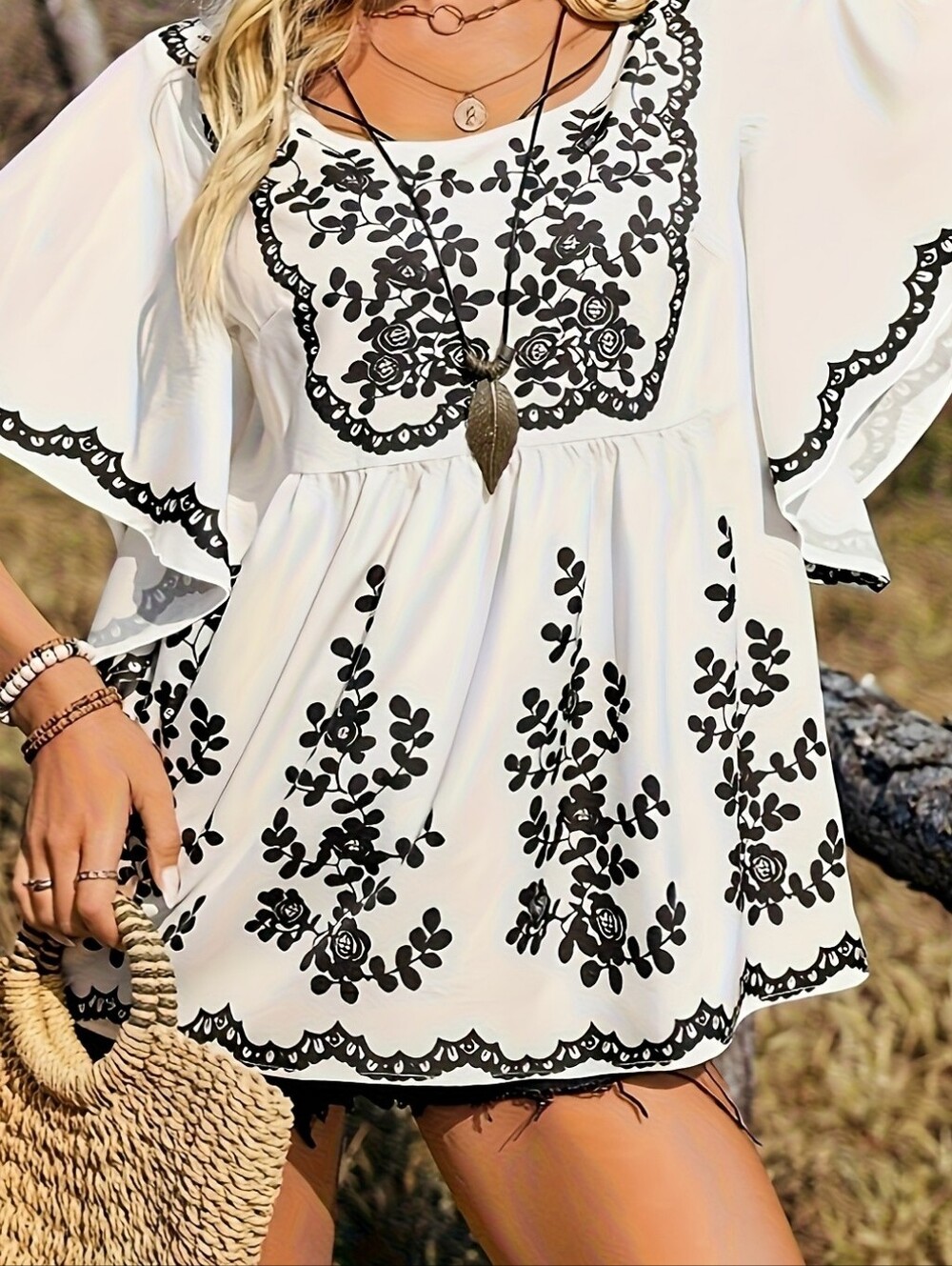 Women's Size Small Flair Sleeve Boho Print Flowy Blouse Coastal
